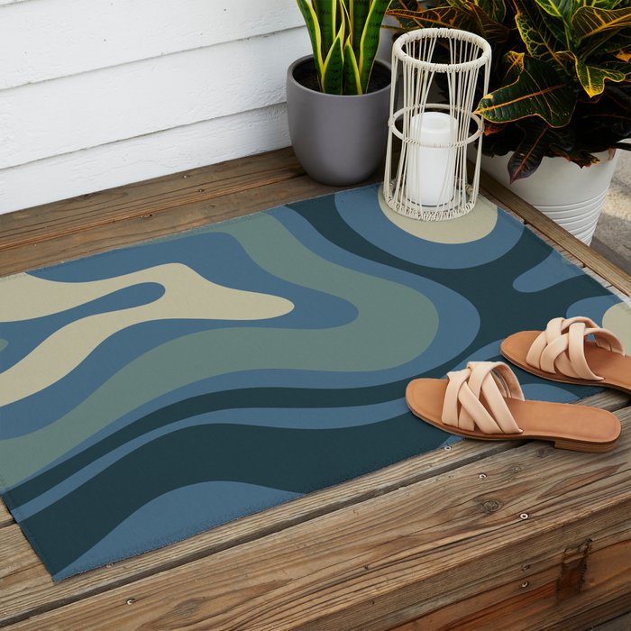 Modern Retro Liquid Swirl Abstract Pattern Square in Vintage Blue Outdoor Rug Gallery Image 2