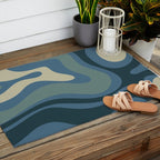 Modern Retro Liquid Swirl Abstract Pattern Square in Vintage Blue Outdoor Rug Gallery Image 2