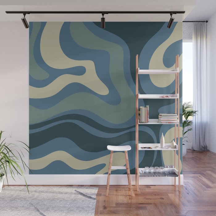 Modern Retro Liquid Swirl Abstract Pattern Square in Vintage Blue Wall Mural Gallery Image 1