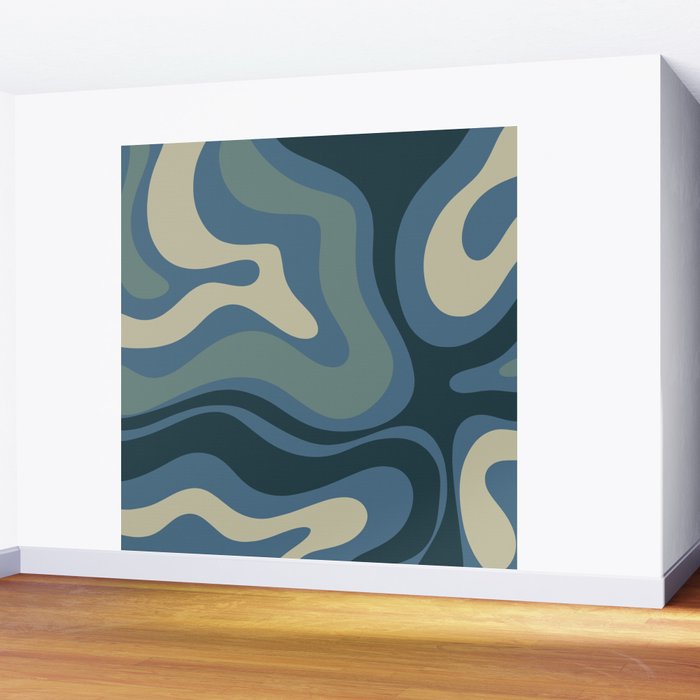 Modern Retro Liquid Swirl Abstract Pattern Square in Vintage Blue Wall Mural Gallery Image 2