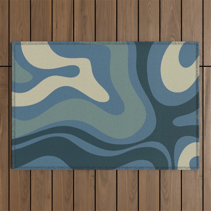 Modern Retro Liquid Swirl Abstract Pattern Square in Vintage Blue Outdoor Rug Gallery Image 1