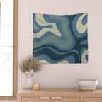 Modern Retro Liquid Swirl Abstract Pattern Square in Vintage Blue Wall Tapestry Gallery Image 2