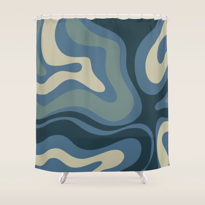Modern Retro Liquid Swirl Abstract Pattern Square in Vintage Blue Shower Curtain Gallery Image 1