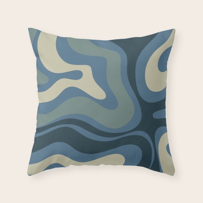 Modern Retro Liquid Swirl Abstract Pattern Square in Vintage Blue Throw Pillow Gallery Image 1