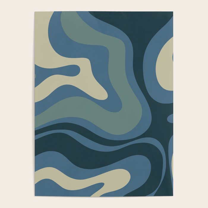 Modern Retro Liquid Swirl Abstract Pattern Square in Vintage Blue Poster Gallery Image 4