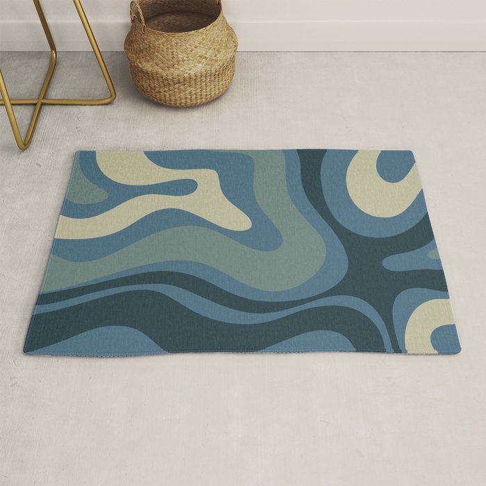 Modern Retro Liquid Swirl Abstract Pattern Square in Vintage Blue Rug Gallery Image 1