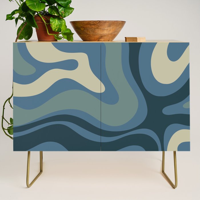 Modern Retro Liquid Swirl Abstract Pattern Square in Vintage Blue Credenza Gallery Image 1