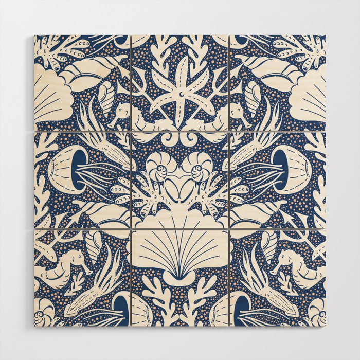 Neptune's joy blue damask reworked Wood Wall Art Gallery Image 1