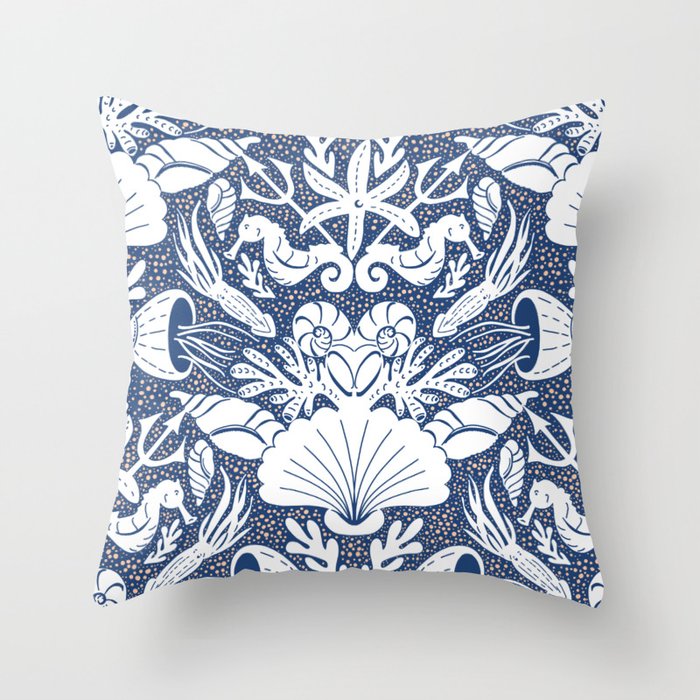 Neptune's joy blue damask reworked Throw Pillow Gallery Image 1