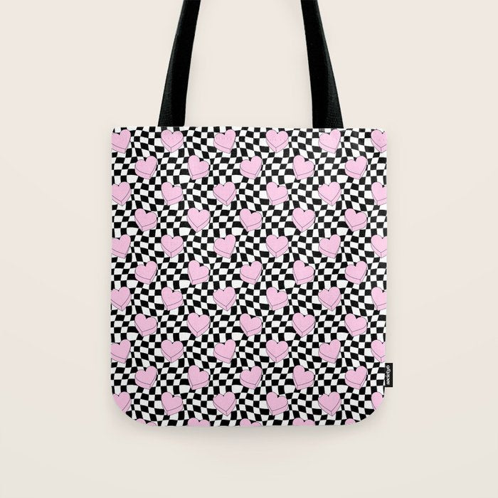 Pink love heart candy checkered pattern Tote Bag Gallery Image 1