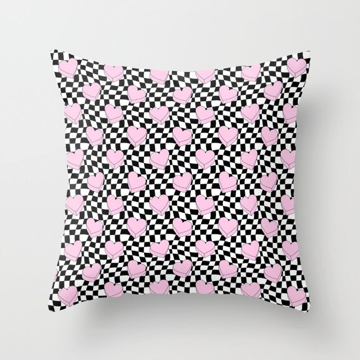 Pink love heart candy checkered pattern Throw Pillow Gallery Image 1