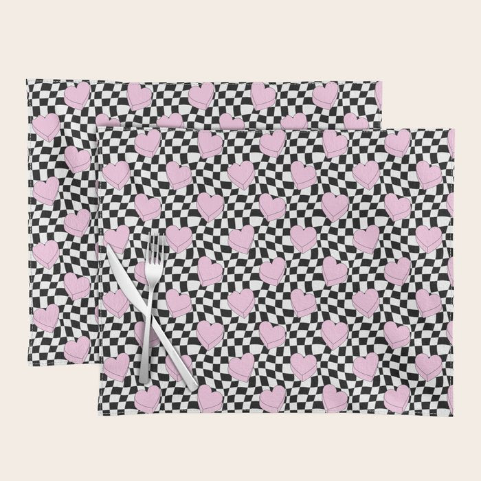 Pink love heart candy checkered pattern Placemat Gallery Image 1