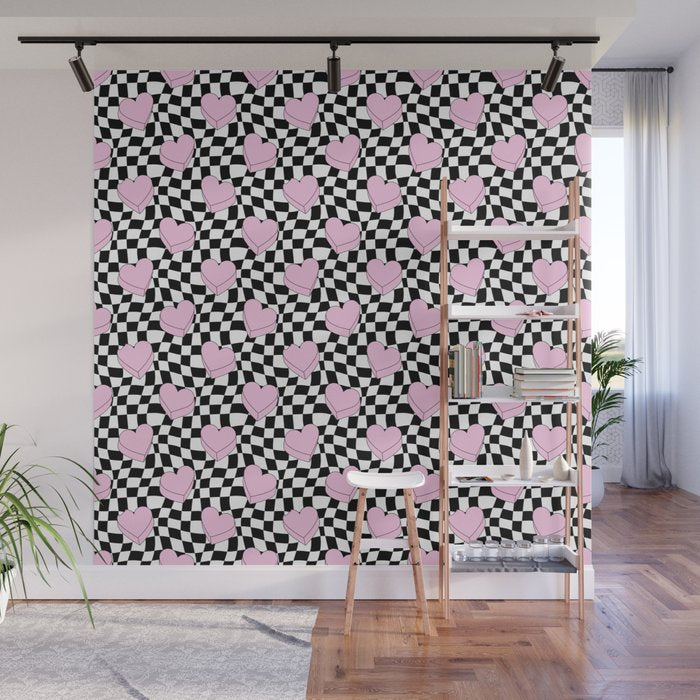 Pink love heart candy checkered pattern Wall Mural Gallery Image 1