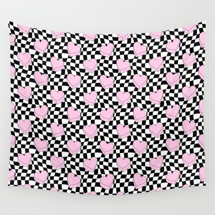 Pink love heart candy checkered pattern Wall Tapestry Gallery Image 1