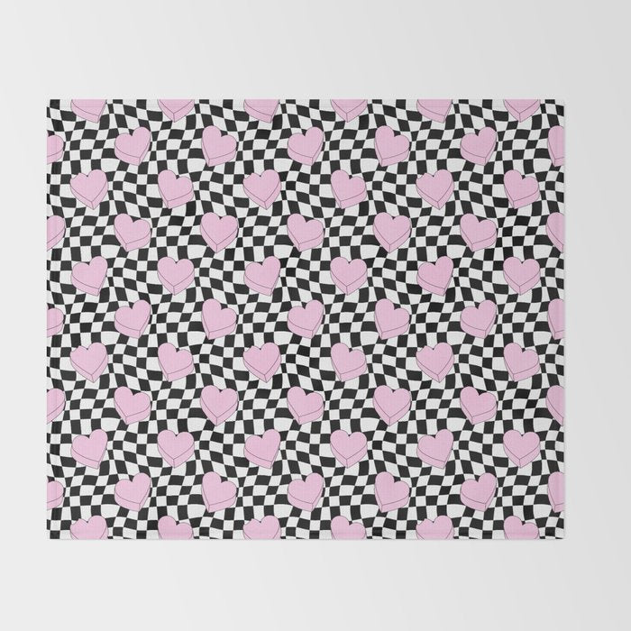 Pink love heart candy checkered pattern Throw Blanket Gallery Image 2