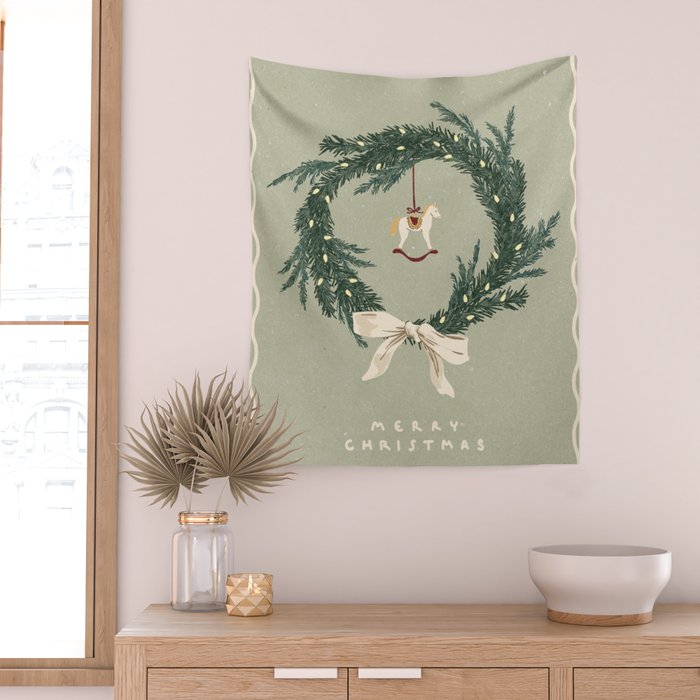 Horses toy on Christmas wreath with bow Wall Tapestry Gallery Image 2