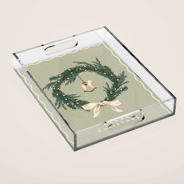 Horses toy on Christmas wreath with bow Acrylic Tray Gallery Image 1
