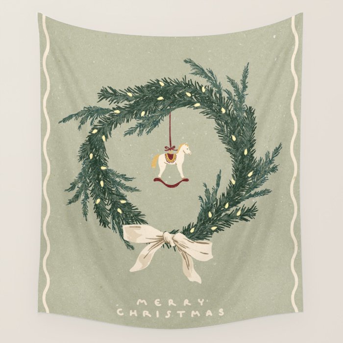Horses toy on Christmas wreath with bow Wall Tapestry Gallery Image 1