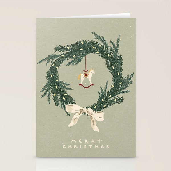 Horses toy on Christmas wreath with bow Stationery Card