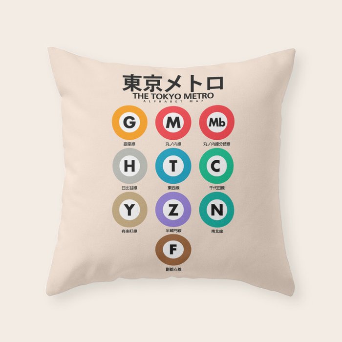 Tokyo subway map print. City metro alphabet poster, japan underground print, japanese city wall art. Throw Pillow Gallery Image 6