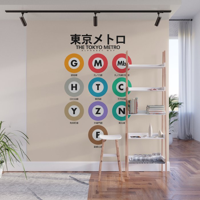Tokyo subway map print. City metro alphabet poster, japan underground print, japanese city wall art. Wall Mural Gallery Image 1