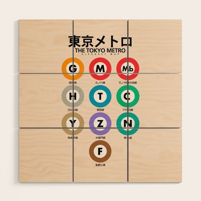Tokyo subway map print. City metro alphabet poster, japan underground print, japanese city wall art. Wood Wall Art Gallery Image 1