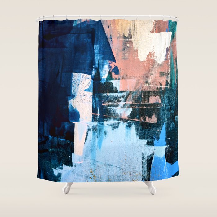 On the Dock: a pretty abstract design in blues and pinks by Alyssa Hamilton Art Shower Curtain Gallery Image 1