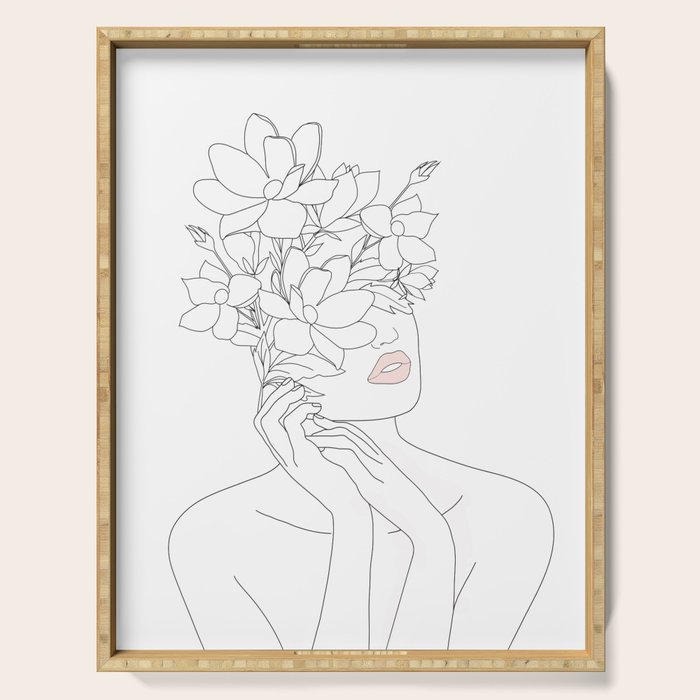 Minimal Line Art Woman with Magnolia Serving Tray Gallery Image 1