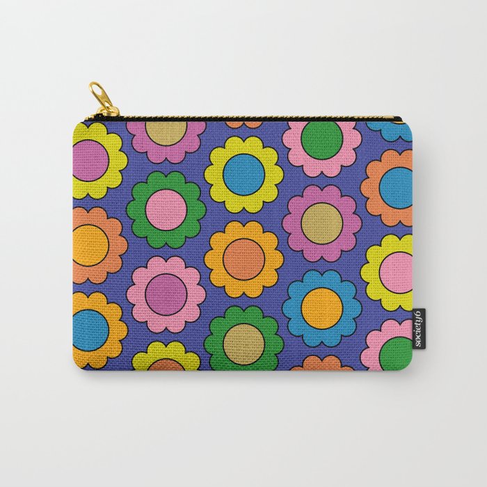 Colorful Flowers Cheerful Happy Retro Pattern on Blue Carry All Pouch Gallery Image 1