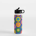 Colorful Flowers Cheerful Happy Retro Pattern on Blue Water Bottle Gallery Image 1