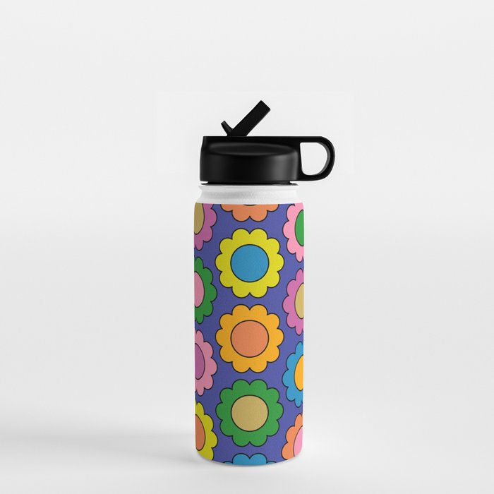 Colorful Flowers Cheerful Happy Retro Pattern on Blue Water Bottle Gallery Image 1
