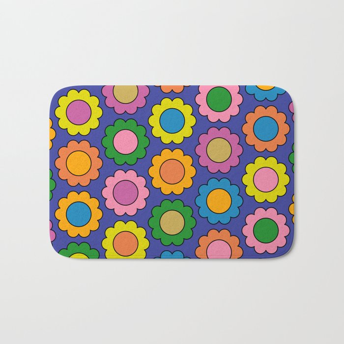 Colorful Flowers Cheerful Happy Retro Pattern on Blue Bath Mat Gallery Image 1