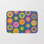 Colorful Flowers Cheerful Happy Retro Pattern on Blue Bath Mat Gallery Image 1