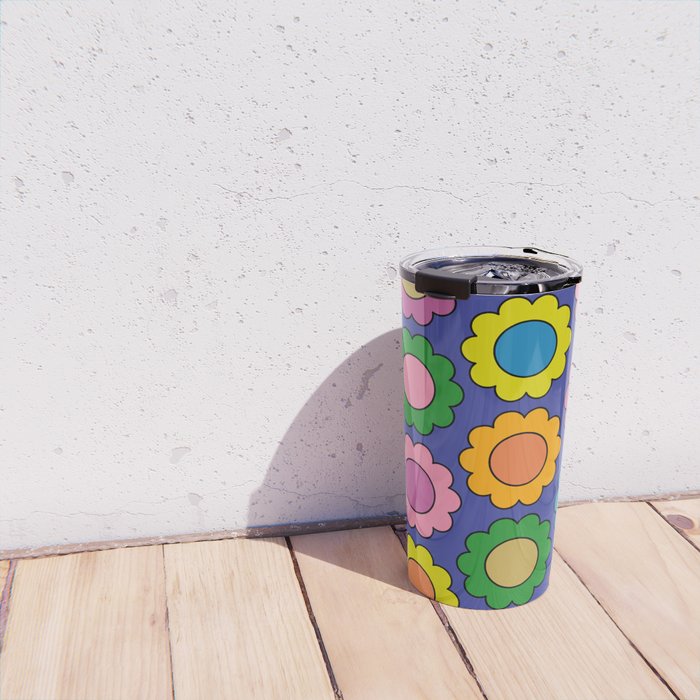 Colorful Flowers Cheerful Happy Retro Pattern on Blue Travel Mug Gallery Image 4
