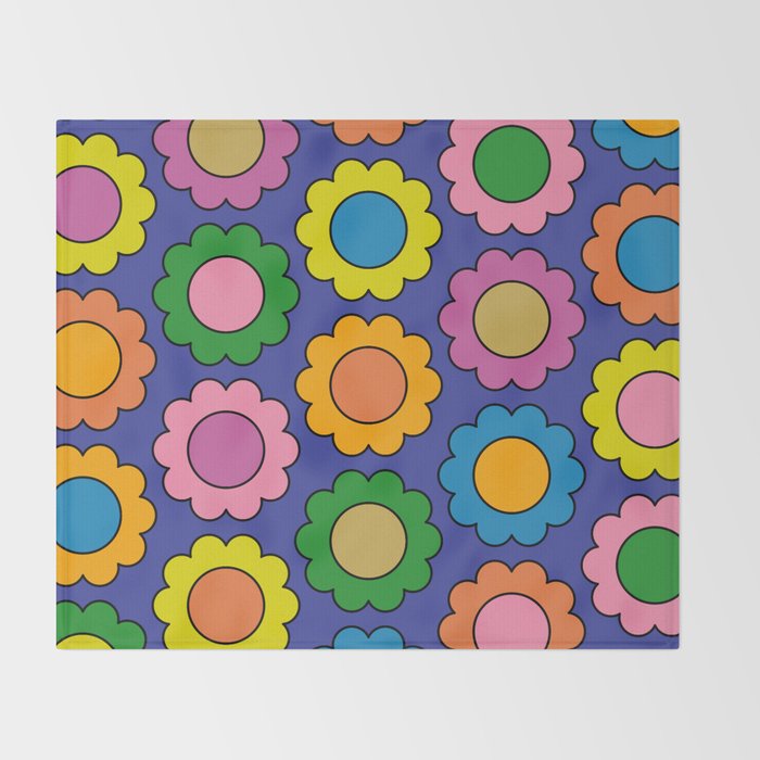 Colorful Flowers Cheerful Happy Retro Pattern on Blue Throw Blanket Gallery Image 2