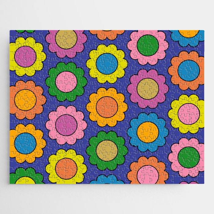 Colorful Flowers Cheerful Happy Retro Pattern on Blue Jigsaw Puzzle Gallery Image 1