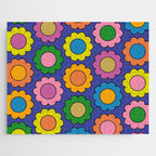 Colorful Flowers Cheerful Happy Retro Pattern on Blue Jigsaw Puzzle Gallery Image 1