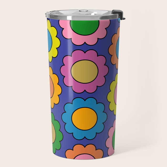 Colorful Flowers Cheerful Happy Retro Pattern on Blue Travel Mug Gallery Image 2