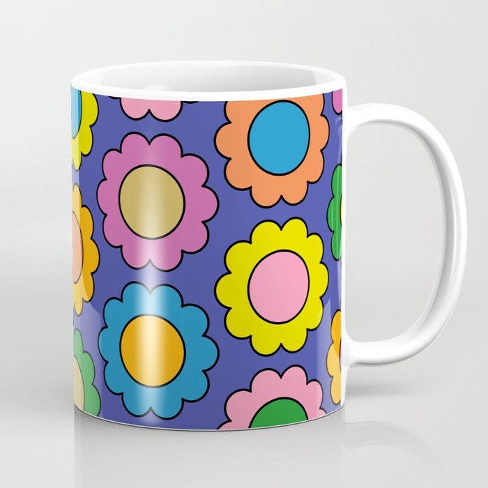 Colorful Flowers Cheerful Happy Retro Pattern on Blue Coffee Mug Gallery Image 1