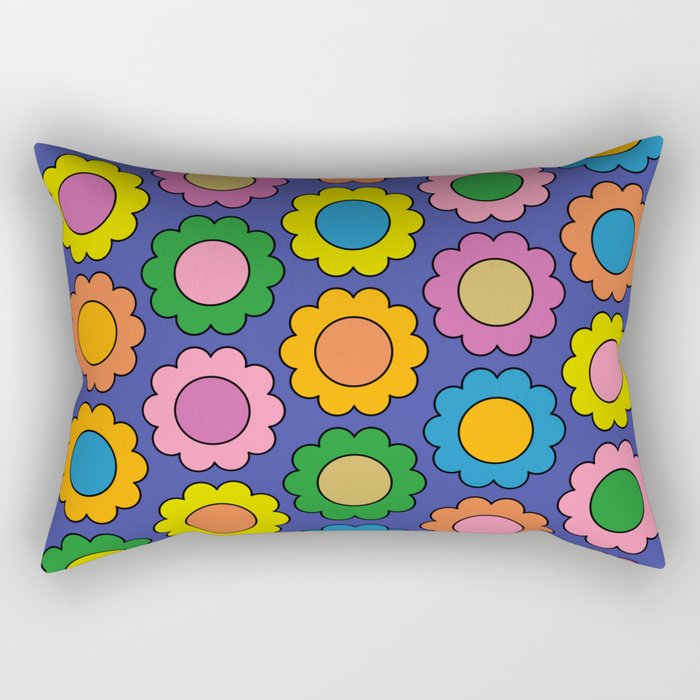 Colorful Flowers Cheerful Happy Retro Pattern on Blue Rectangular Pillow Gallery Image 2