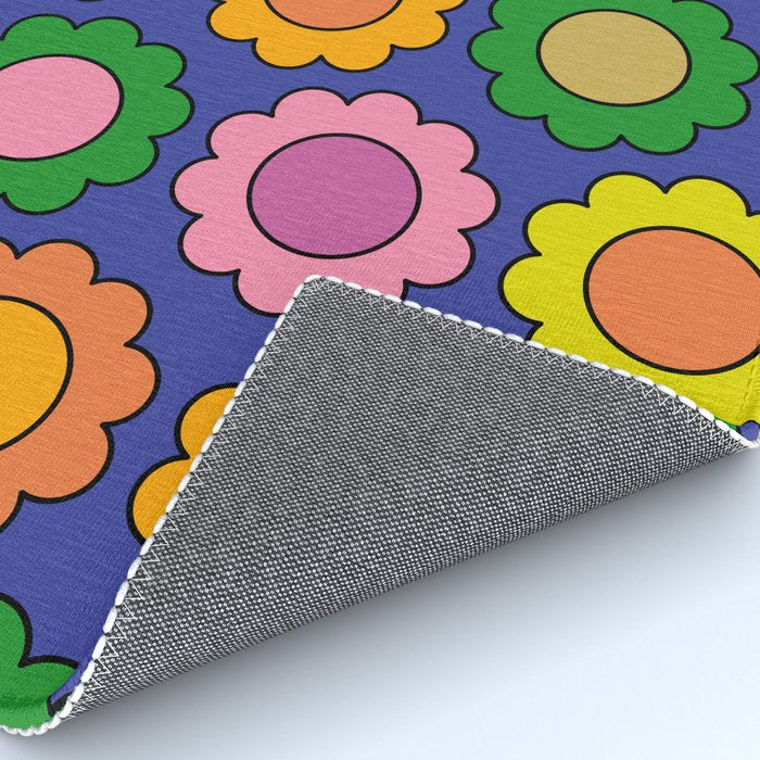 Colorful Flowers Cheerful Happy Retro Pattern on Blue Rug Gallery Image 4