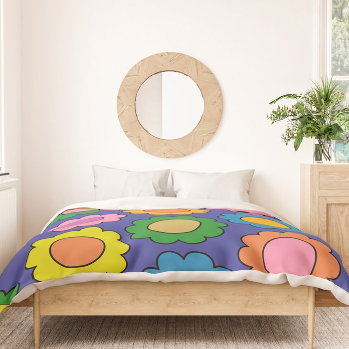 Colorful Flowers Cheerful Happy Retro Pattern on Blue Duvet Cover Gallery Image 3