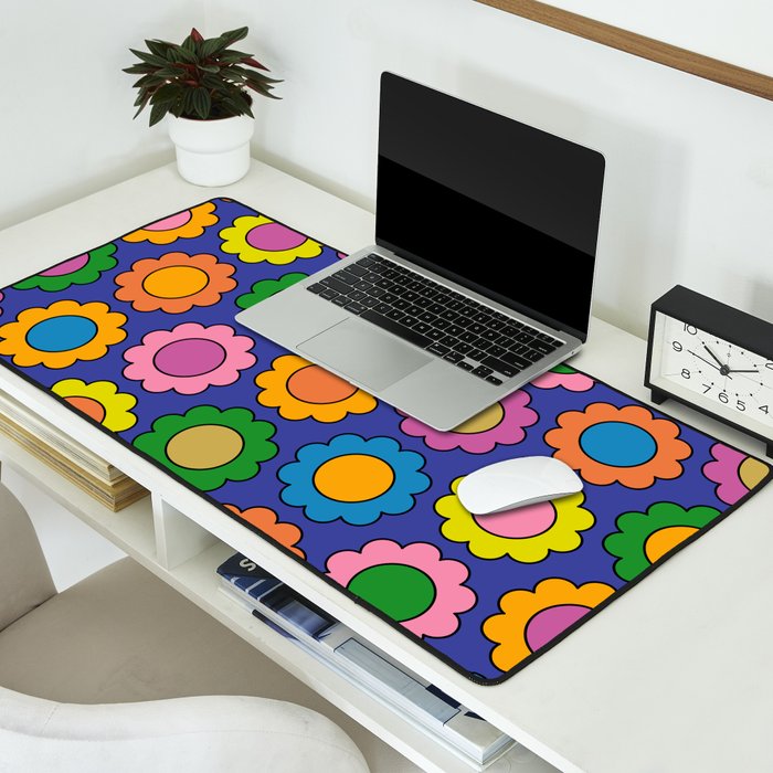 Colorful Flowers Cheerful Happy Retro Pattern on Blue Desk Mat Gallery Image 2