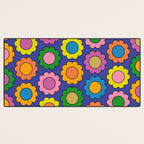 Colorful Flowers Cheerful Happy Retro Pattern on Blue Desk Mat Gallery Image 3