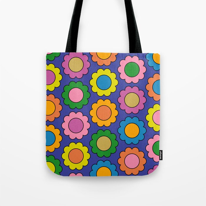 Colorful Flowers Cheerful Happy Retro Pattern on Blue Tote Bag Gallery Image 1