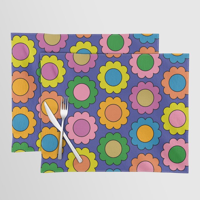 Colorful Flowers Cheerful Happy Retro Pattern on Blue Placemat Gallery Image 1