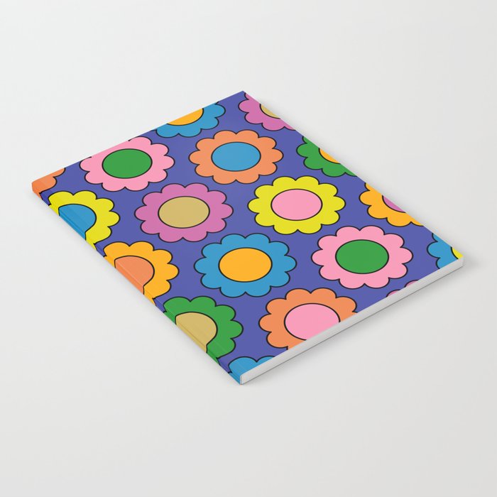 Colorful Flowers Cheerful Happy Retro Pattern on Blue Notebook Gallery Image 1