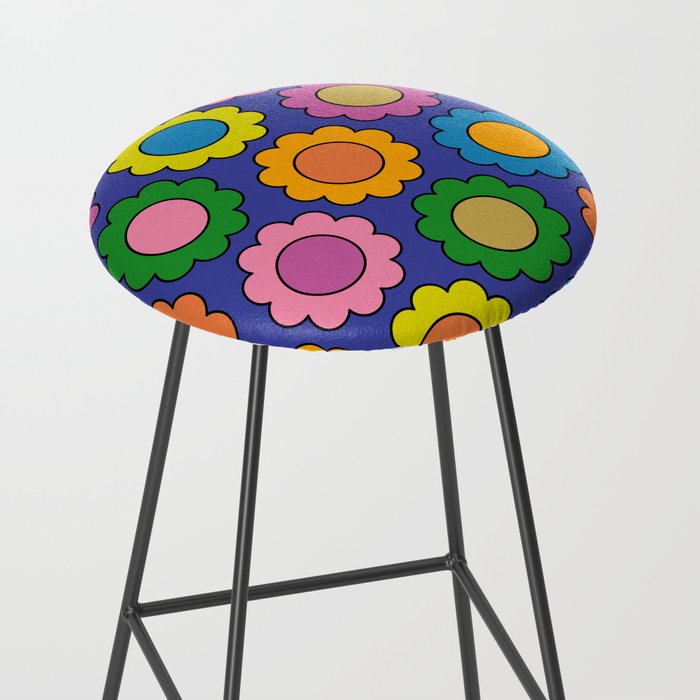 Colorful Flowers Cheerful Happy Retro Pattern on Blue Stool Gallery Image 2