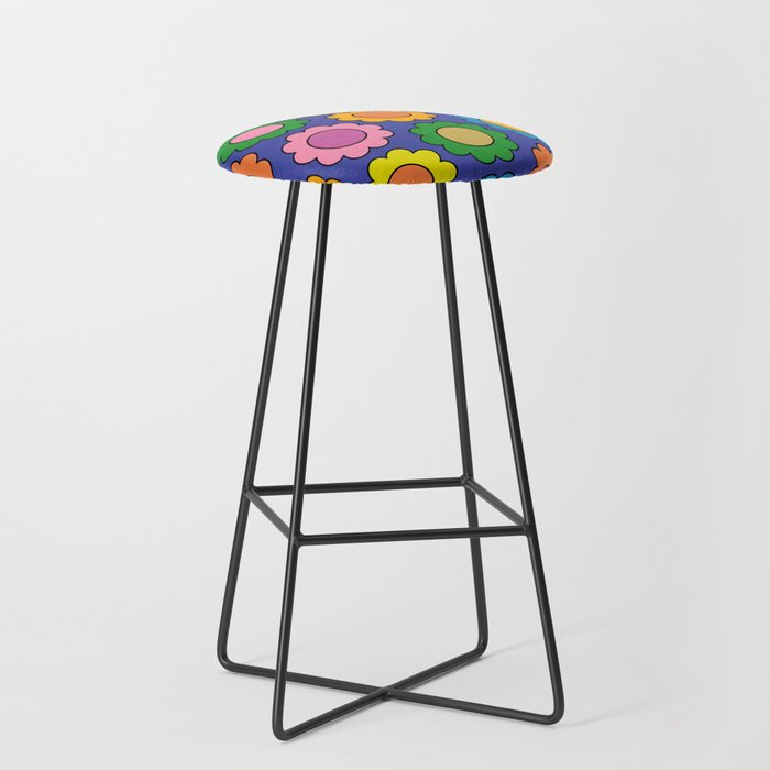 Colorful Flowers Cheerful Happy Retro Pattern on Blue Stool Gallery Image 1