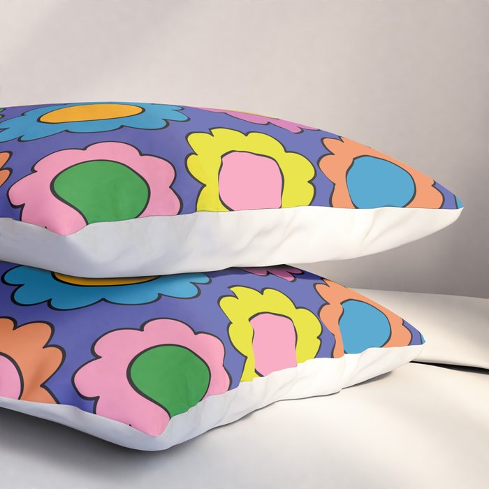 Colorful Flowers Cheerful Happy Retro Pattern on Blue Pillow Sham Gallery Image 3